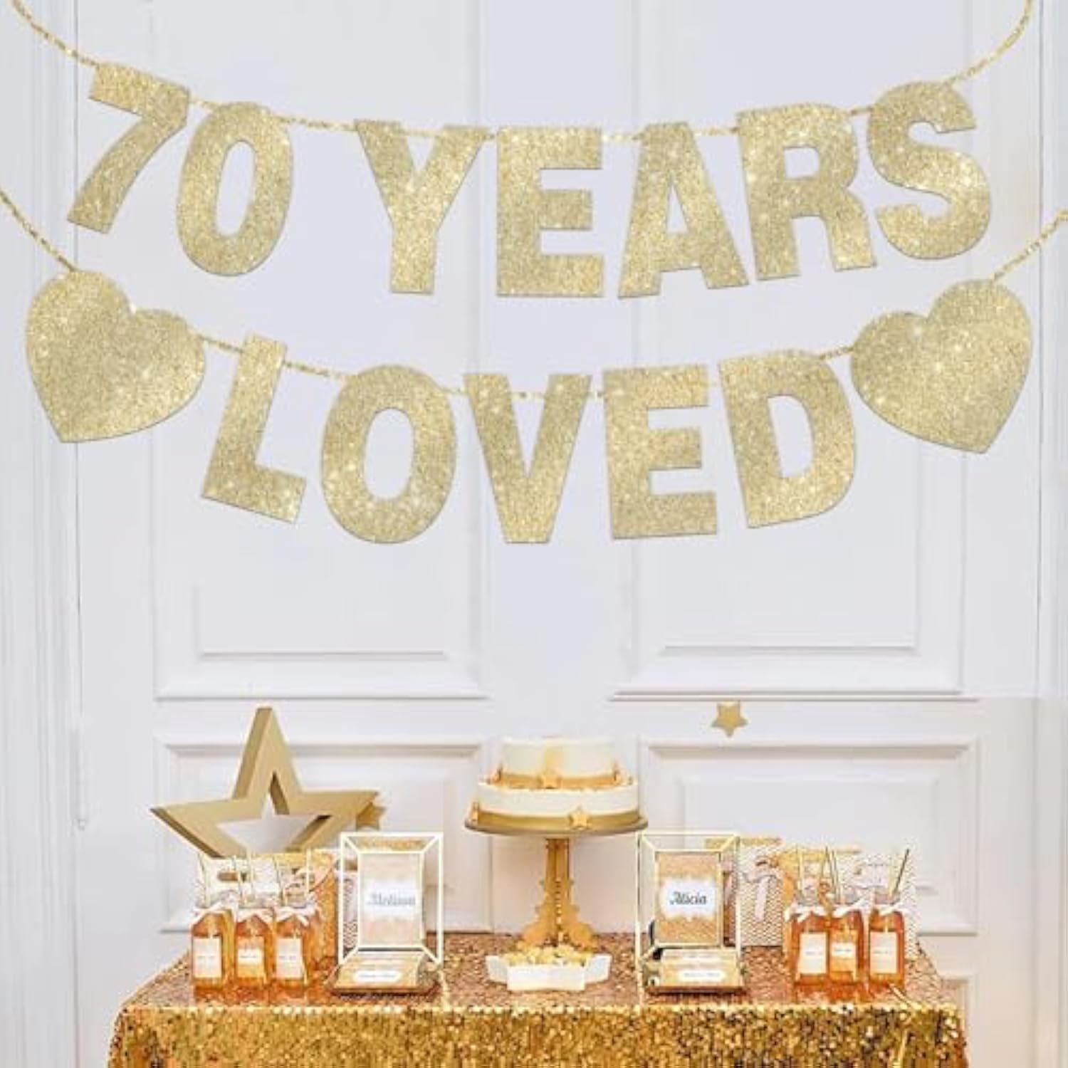 70 Years Loved Banner, Gold Glitter for 70th Birthday Decorations
