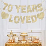 70 Years Loved Banner, Gold Glitter for 70th Birthday Decorations