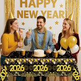 3-Pack Black and Gold New Year 2026 Tablecloths 51x87 Inch Disposable