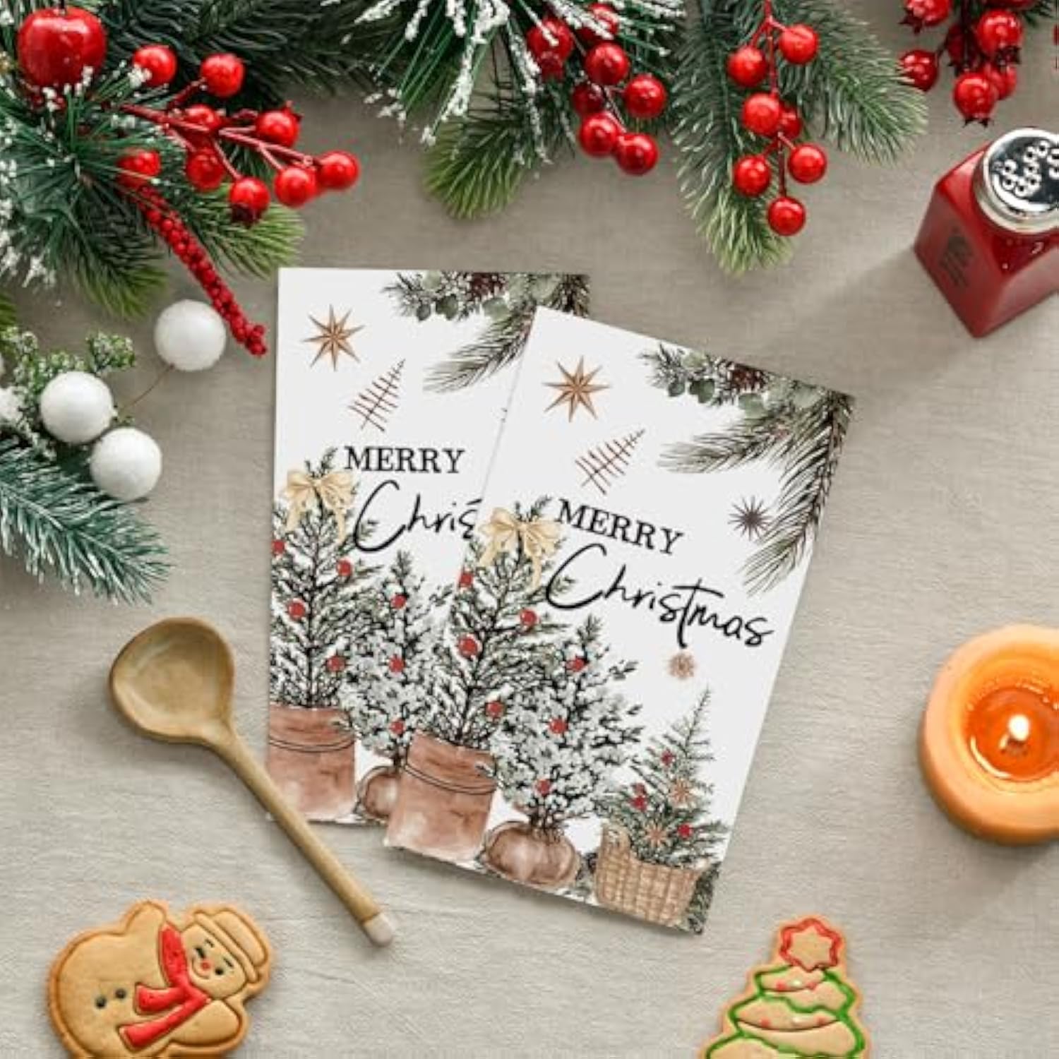 100 Christmas Disposable Paper Decorative Guest Napkins, Pine Tree Basket Hand Towel For Party Lunch Dinner Kitchen Bathroom