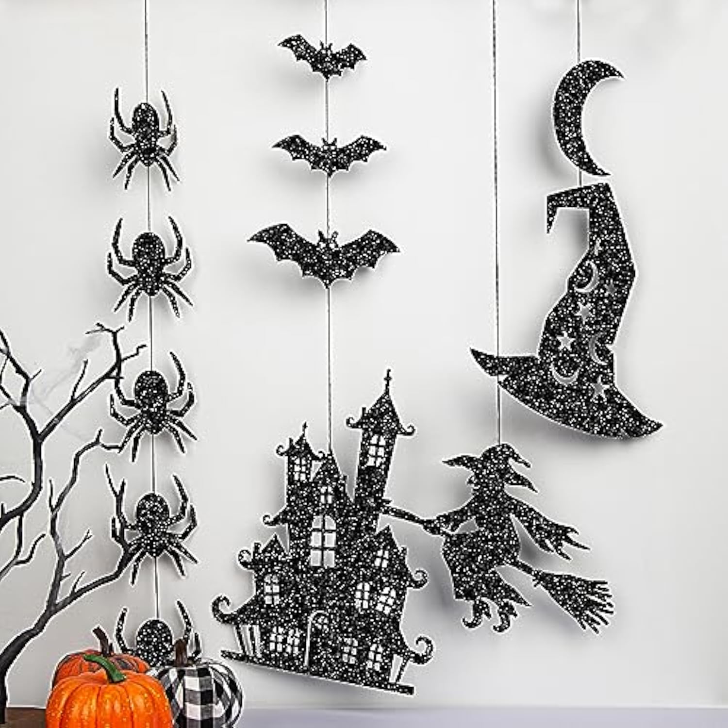 Glitter Black Halloween Hanging Banner Garland Ghosts Witches Bats Spiders Cat Party Decor