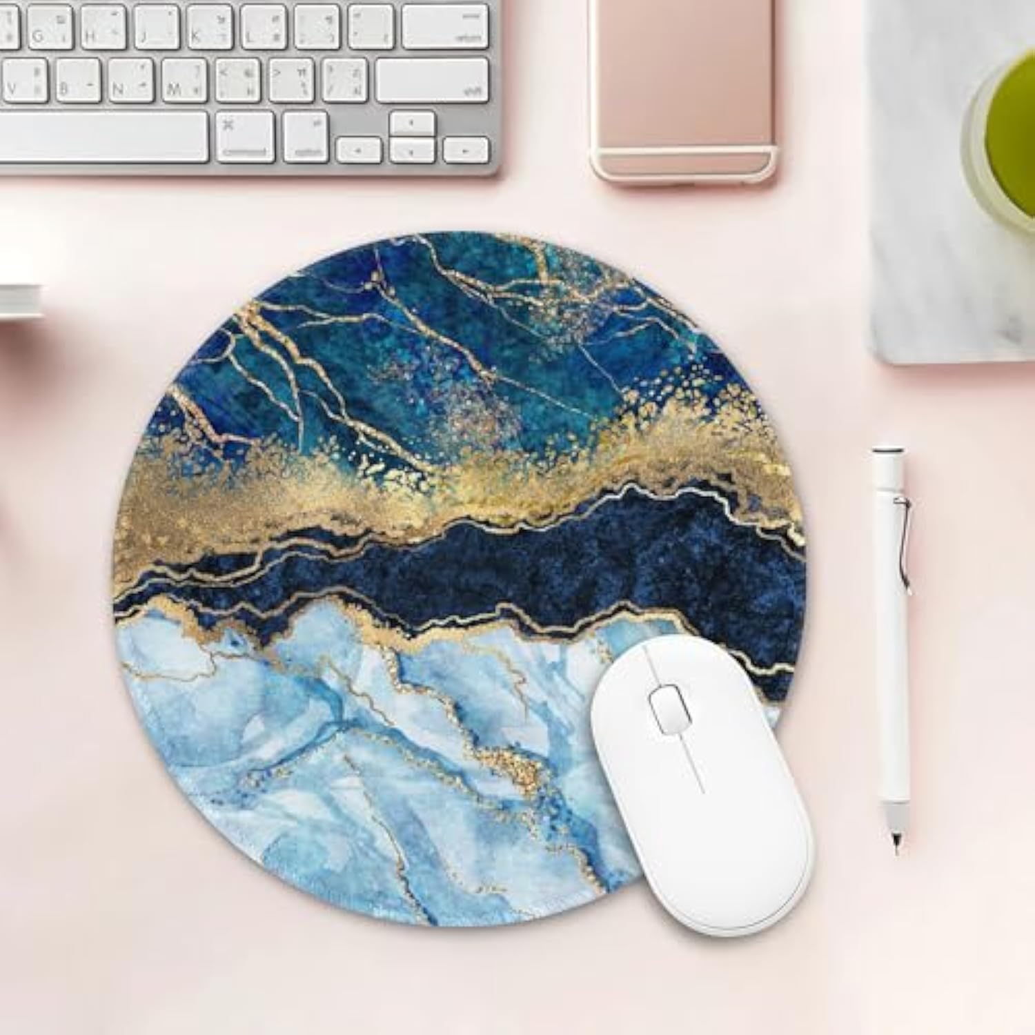 Blue Abstract Marble Gaming Mouse Pad, 8.8" Gold Glitter Liquid Marble Round With Non-Slip Base And Stitched Edge, Computer Keyboard Mouse Mat For Home Office Work