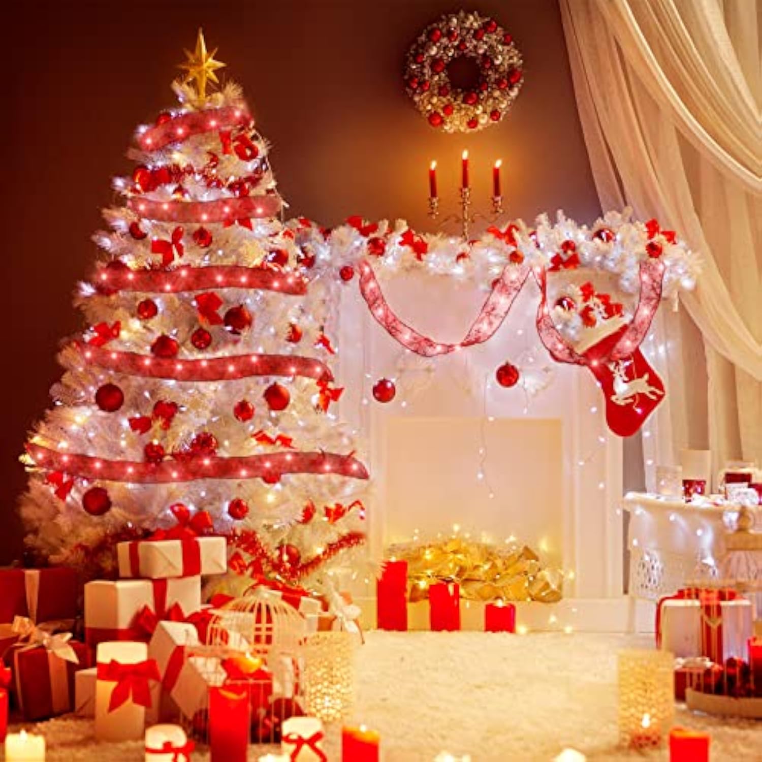 Christmas Ribbon Lights 16.4 Ft Glow Tree Battery Operated Indoor String Lights For Outdoor Xmas Holiday Party Wedding G
