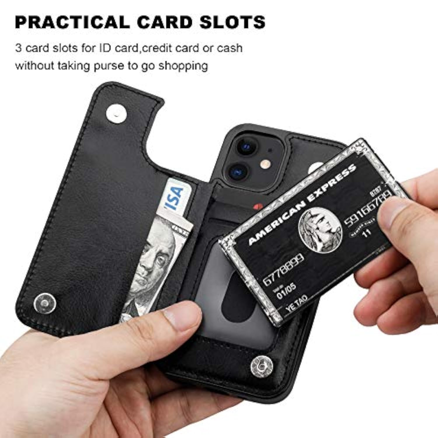Onetop Compatible With Iphone 12 Mini Wallet Case With Card Holder, Pu Leather Kickstand Card Slots Case, Double Magnetic Clasp And Durable Shockproof Cover 5.4 Inch(Black)