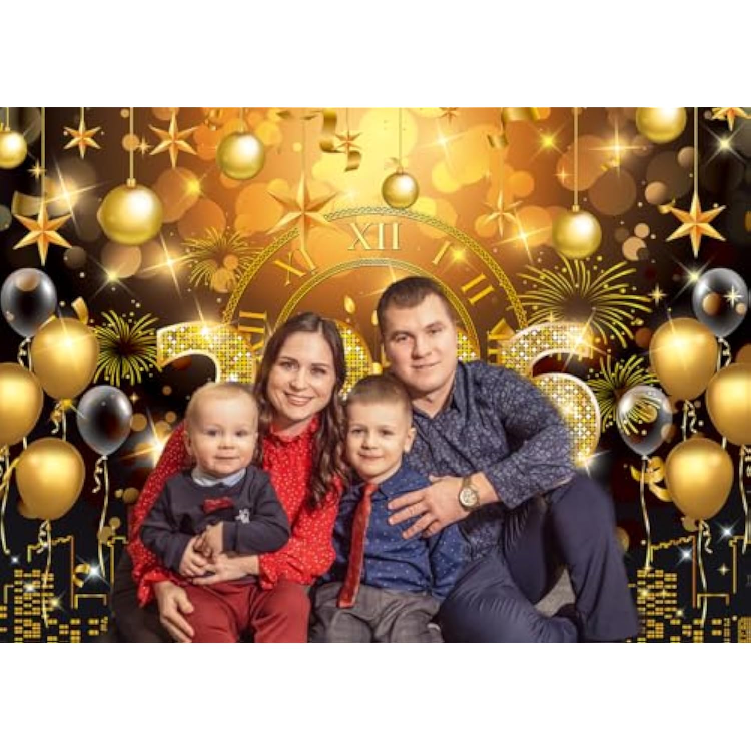 2026 New Year Banner Backdrop 8x6ft Black Gold Fireworks for NYE Party