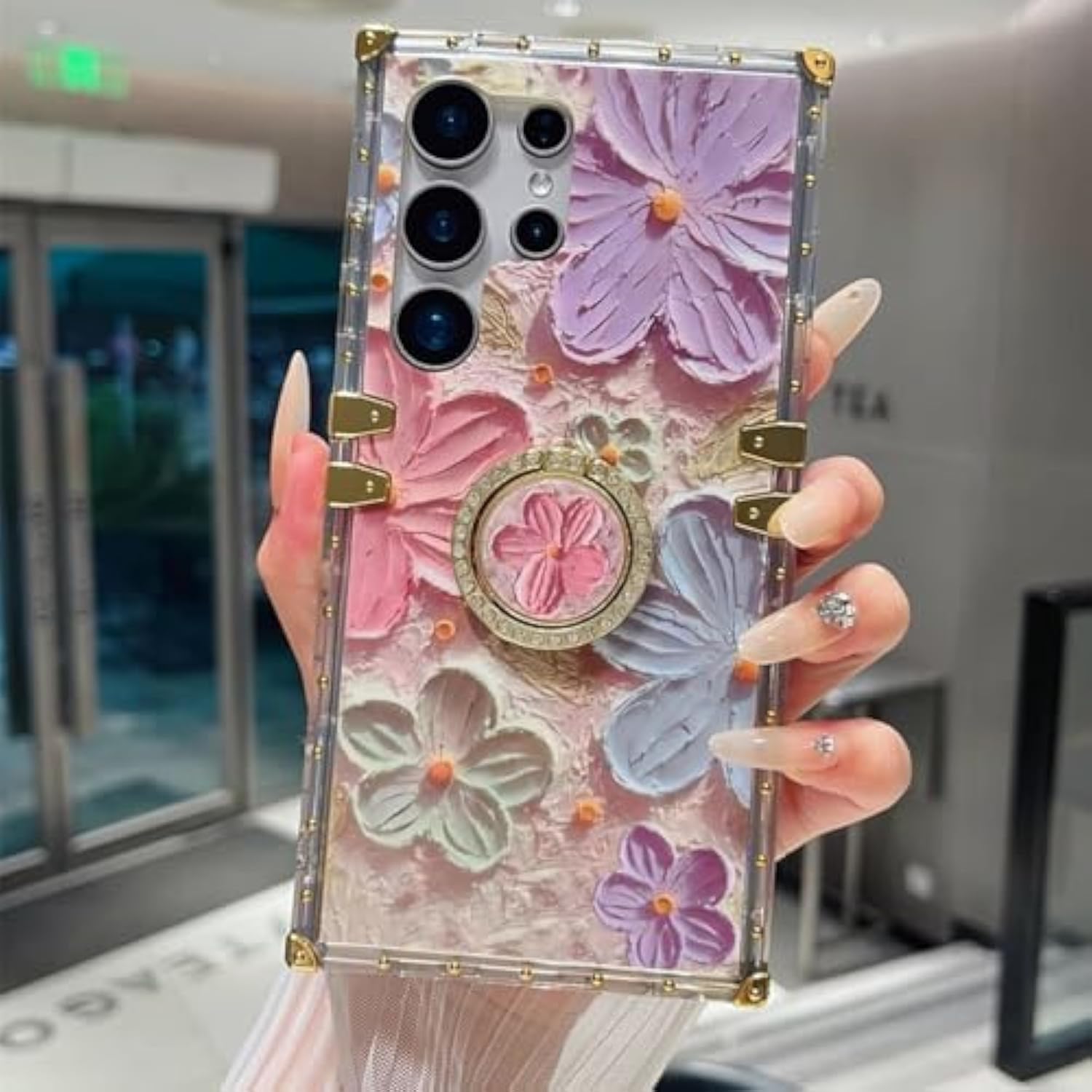 For Samsung Galaxy S25 Ultra Glitter Floral Case, Cute Colorful Retro Oil Painting Printed Flowers With Bling Sparkly Ring Kickstand Shockproof Women Girls Case For Galaxy S25 Ultra,Colorful