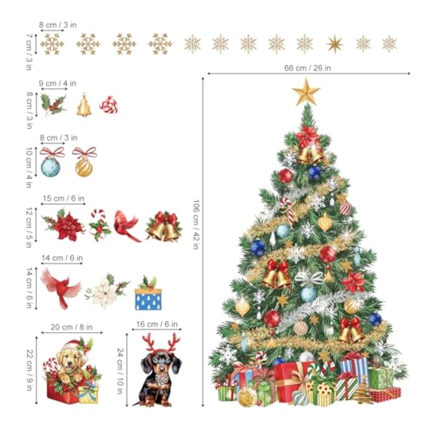Large Christmas Tree Wall Stickers Evergreen Tree Christmas Flowers Dogs Cardinal Birds Window Wall Art Decals For Christmas Party Window Xmas Home Party