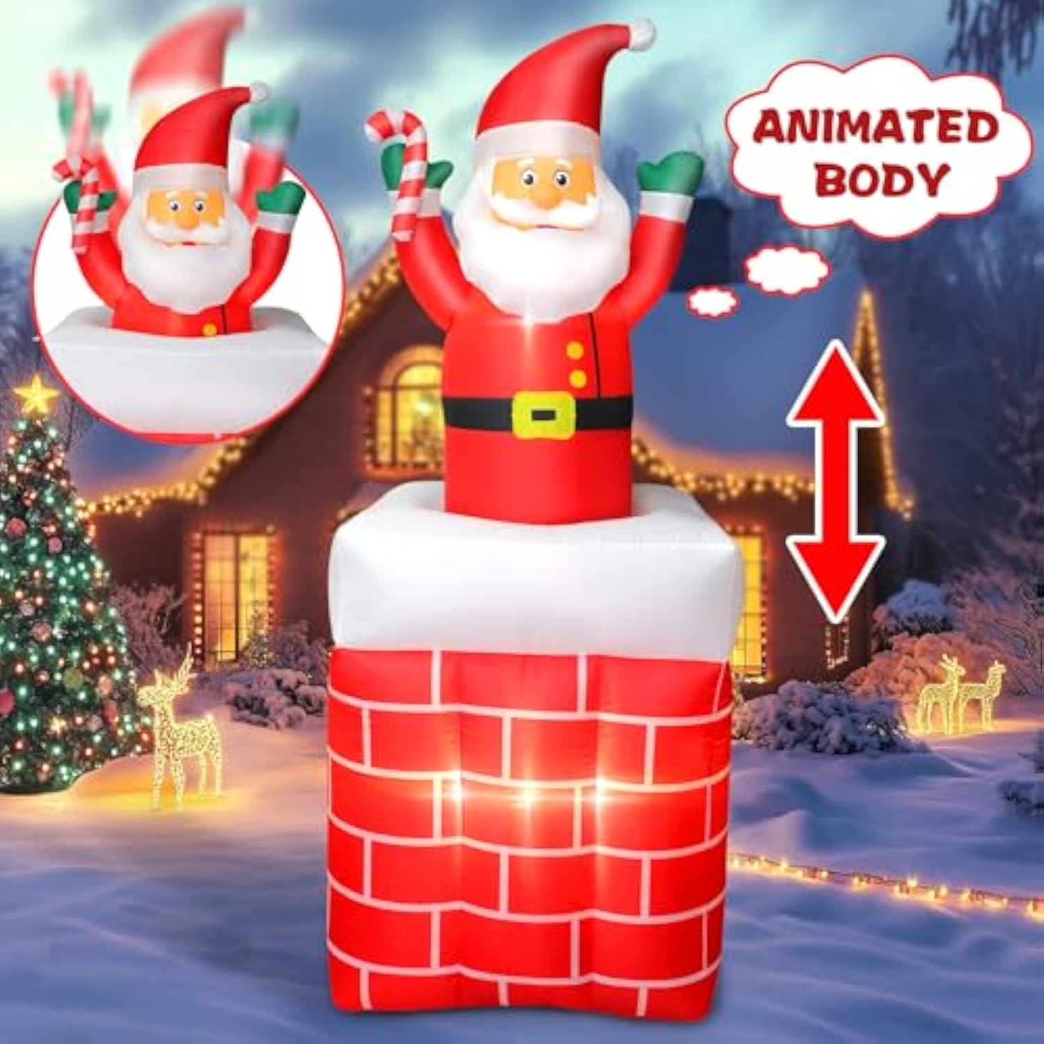 6Ft Christmas Inflatables Santa Claus In The Chimney Automatic Up And Down, Outdoor Blow Up Santa Claus Yard Decorations