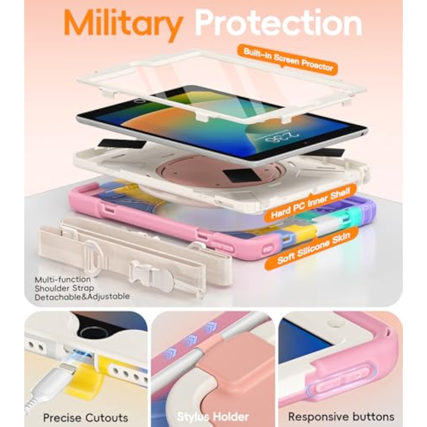 Rotating Stand Pencil Holder Carrying Shoulder Strap Case For Ipad 9Th 8Th 7Th Generation