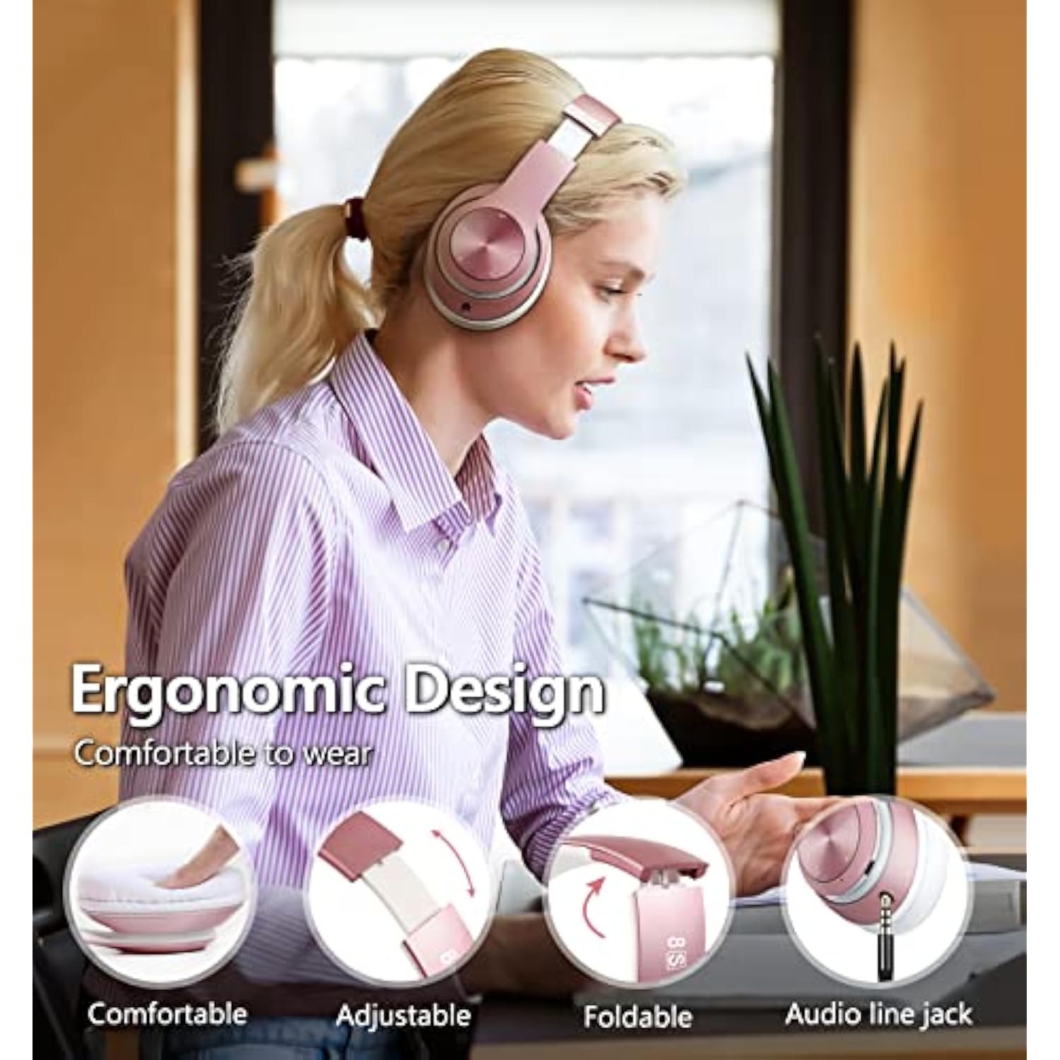 9S Over Ear Bluetooth Headphones, 60 Hours Playtime, Hifi Stereo, Deep Bass, Microphone, Foldable, Rose Gold
