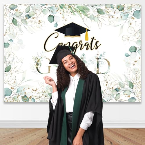Greenery Graduation Backdrop 7x5ft - Congrats Grad Class of 2026 Graduate Party Background, Green Golden Leaves Graduation Party Decorations Photography Background