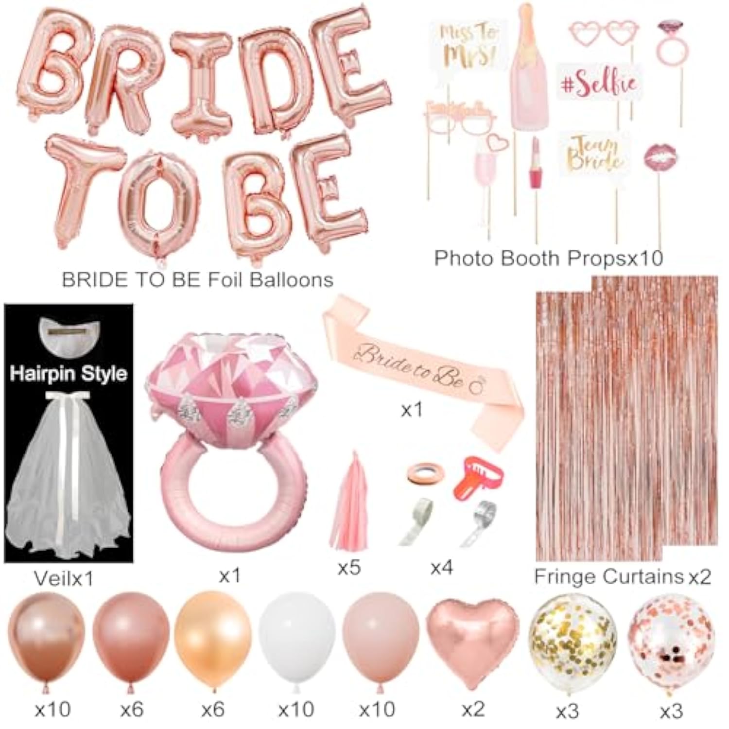 Bachelorette Party Decorations Supplies, Rose Gold Bridal Shower Decorations Bride To Be Pink White Gold Confetti Foil Heart Balloons, Veil, Photo Booth Props, Fringe Curtains, Paper Tassels