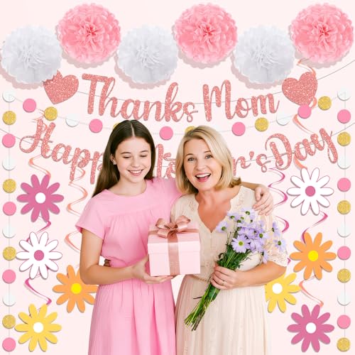 Daisy Happy Mother's Day Decorations, Thanks Mom Happy Mothers Day Banner with Hanging Swirls, Honeycomb Balls Pink White Yellow Mothers Day Decorations for Party Supplies Home Office Photo Props