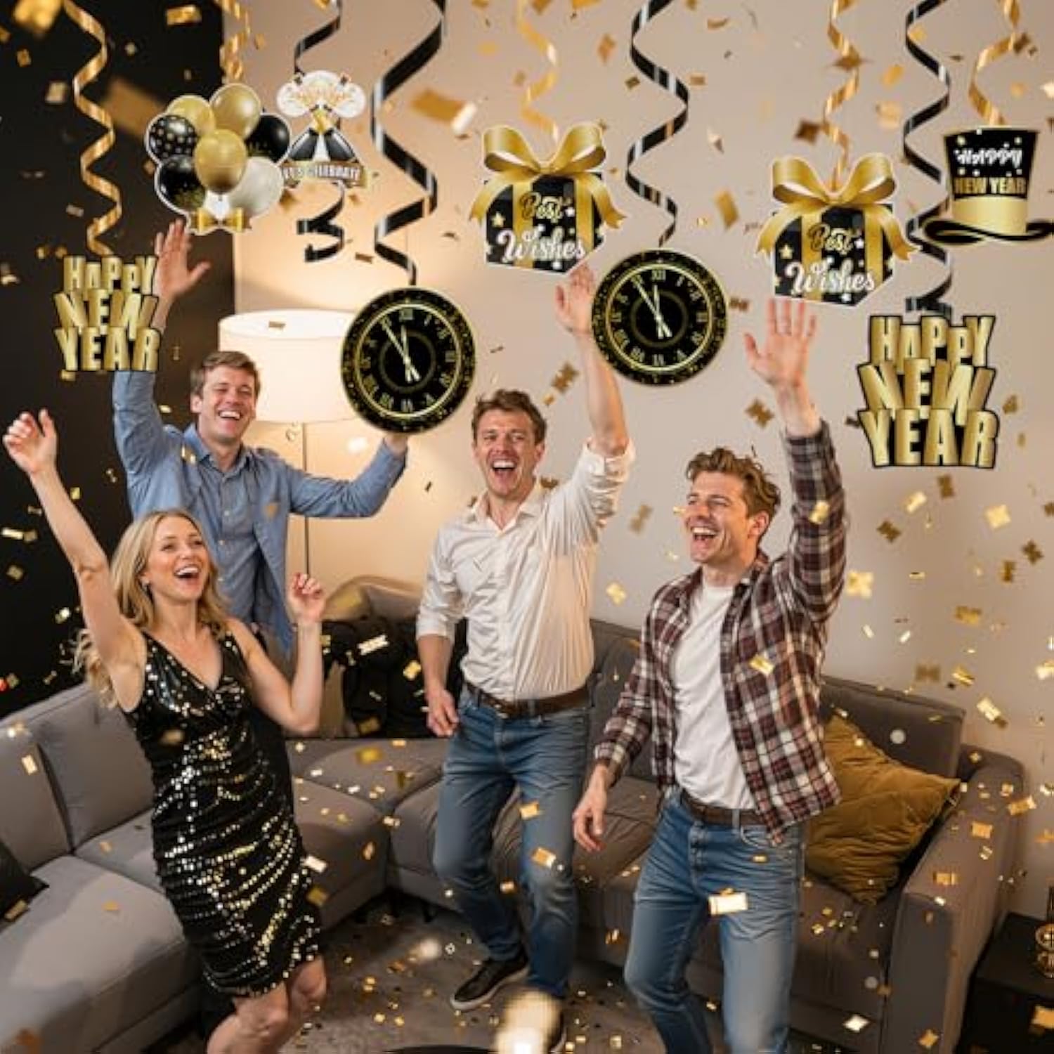 12pc Black Gold Happy New Year 2026 Hanging Swirls Party Decorations