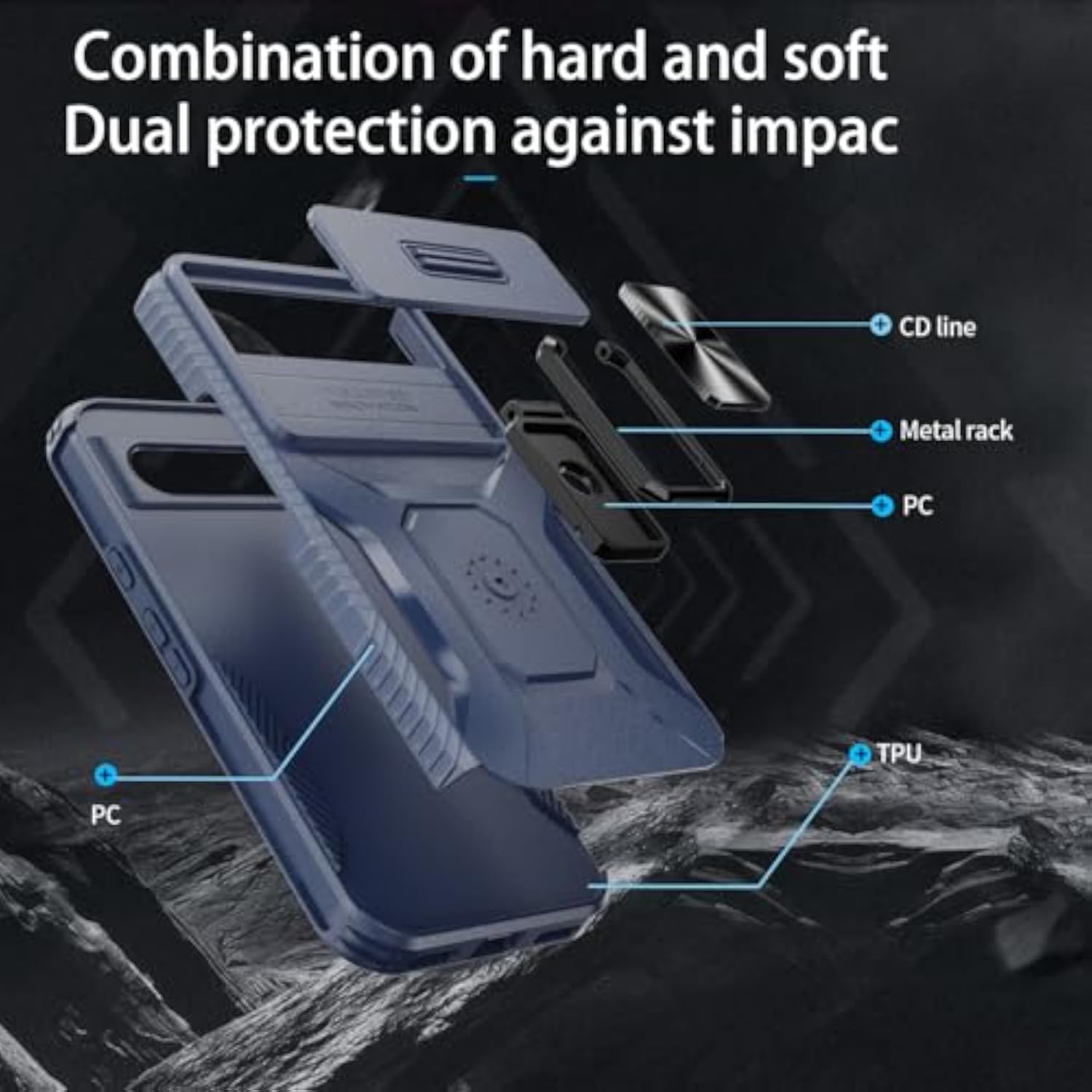 Military-Grade Shockproof Protective Case for Google Pixel 8 Pro with Sliding Camera Lens Cover, HD Screen Protector, and 360° Rotating Ring Kickstand, Blue