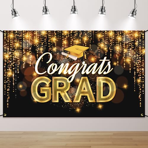 Congrats Grad Banner Black Gold - 72x44 Inch, Graduation Banner 2026, Graduation Decorations, Congrats Grad Backdrop for High School College Graduation Party Decor