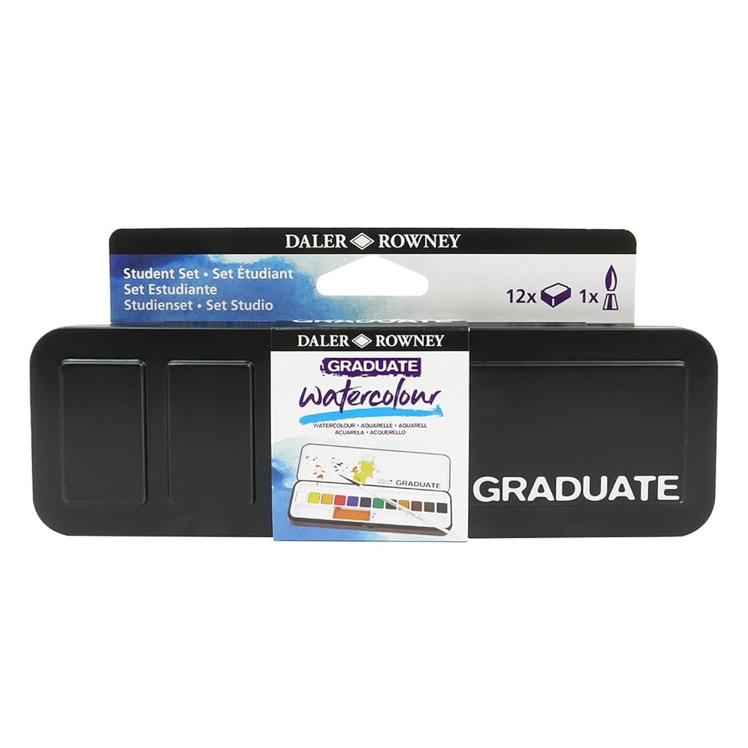 Daler-Rowney Graduate Watercolor Travel Set, 12 Count Half Pans - Watercolor Paint Set With Brush & Mixing Trays