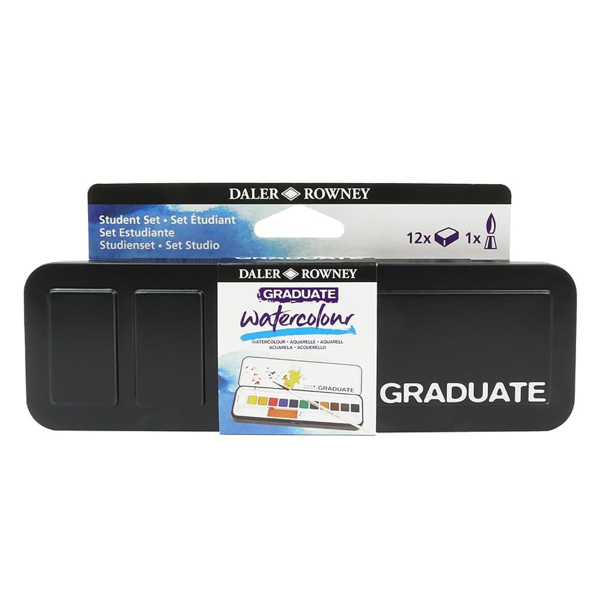 Daler-Rowney Graduate Watercolor Travel Set, 12 Count Half Pans - Watercolor Paint Set With Brush & Mixing Trays