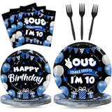 96pcs 10th Birthday Party Plates and Napkins, Blue and Black 10th Birthday Decorations for Boys Girl Double Digits 10 Birthday Party Dessert Plates, Happy 10 Years Old Tableware Decor, Serves 24