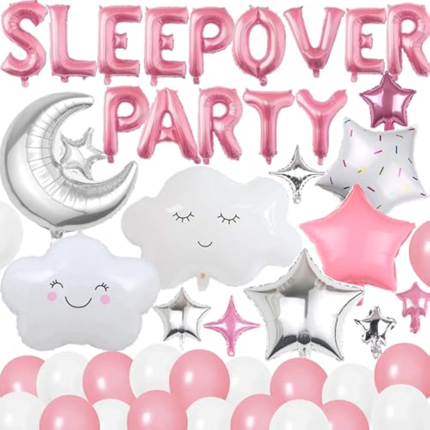 47pcs Pink Sleepover Party Decorations, Moon, Star Balloons, Banner for Girls