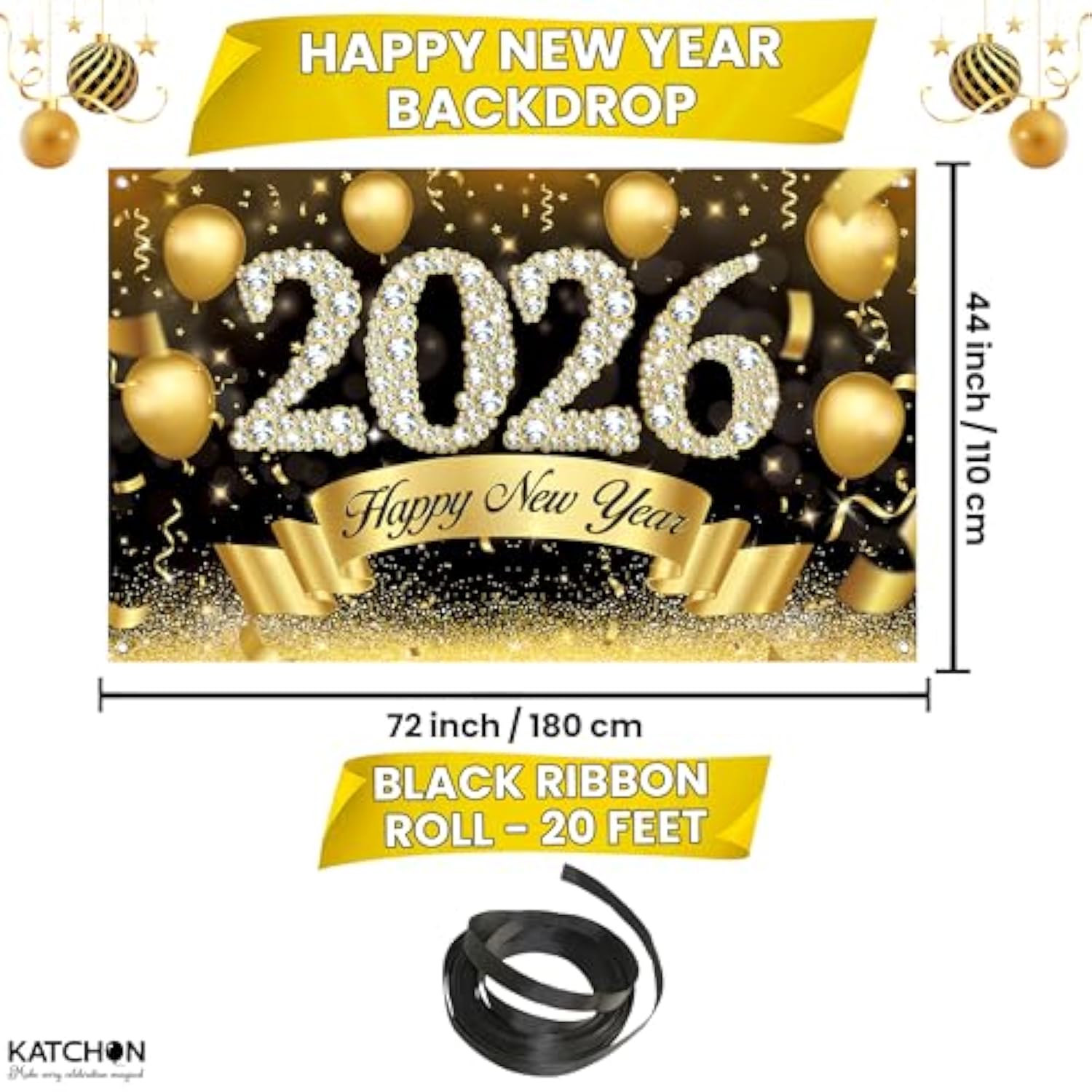 Xtralarge Happy New Year 2026 Banner 72x44In Party Backdrop Decor