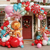 Christmas Balloon Arch Kit, Gingerbread Man Balloon Garland Kit, Red Pastel Green Pink Teal Blue Balloons Christmas Foil Balloons Candy Cane Star for Xmas Birthday New Year Party Decorations
