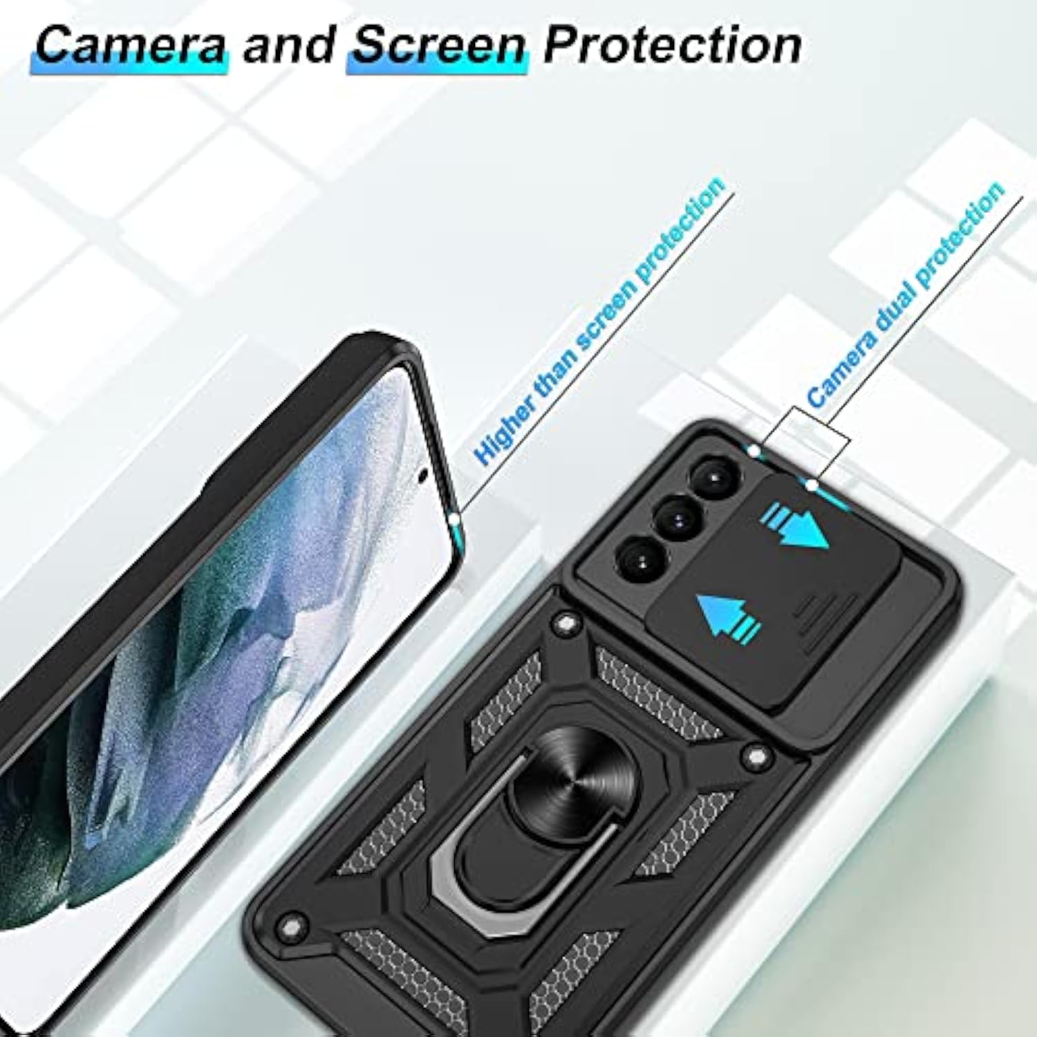 For Samsung Galaxy S21 Case With Hd Screen Protector With Slide Camera Cover, Magnetic Ring Kickstand [Military Grade] Case For Samsung S21, Black