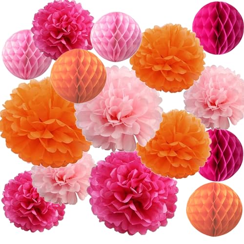 15PCS Hot Pink Orange Party Decorations Tissue Paper Flowers Pom Poms Honeycomb for Girl Groovy Birthday Baby Shower Wedding Bachelorette Summer Flamingo Party Nursery Wall Hanging Décor
