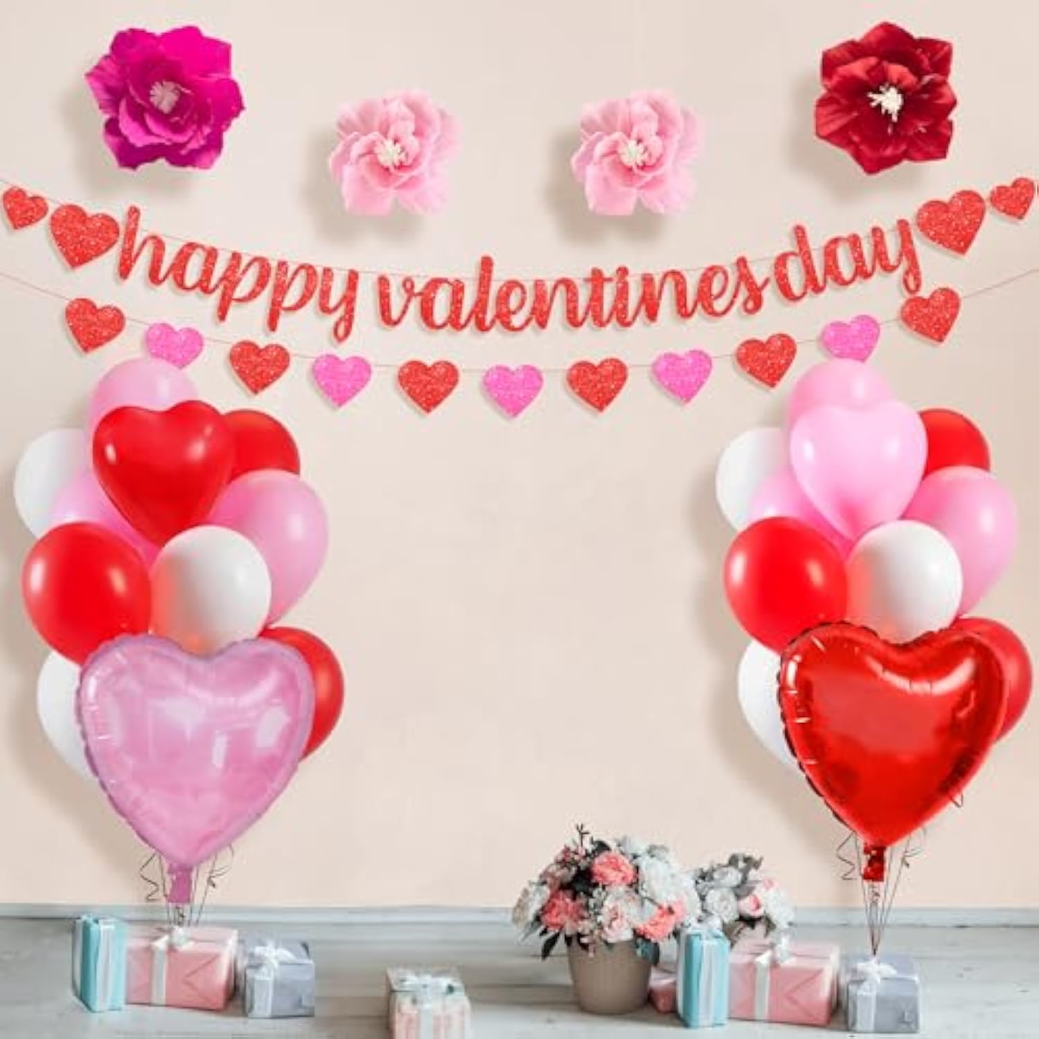 Valentines Day Decorations Set - Big, Pack Of 28 | Glitter Valentines Day Banner, 10 Feet | Heart Balloons, Heart Garland | Paper Flowers | Valentines Balloons For Valentines Decorations
