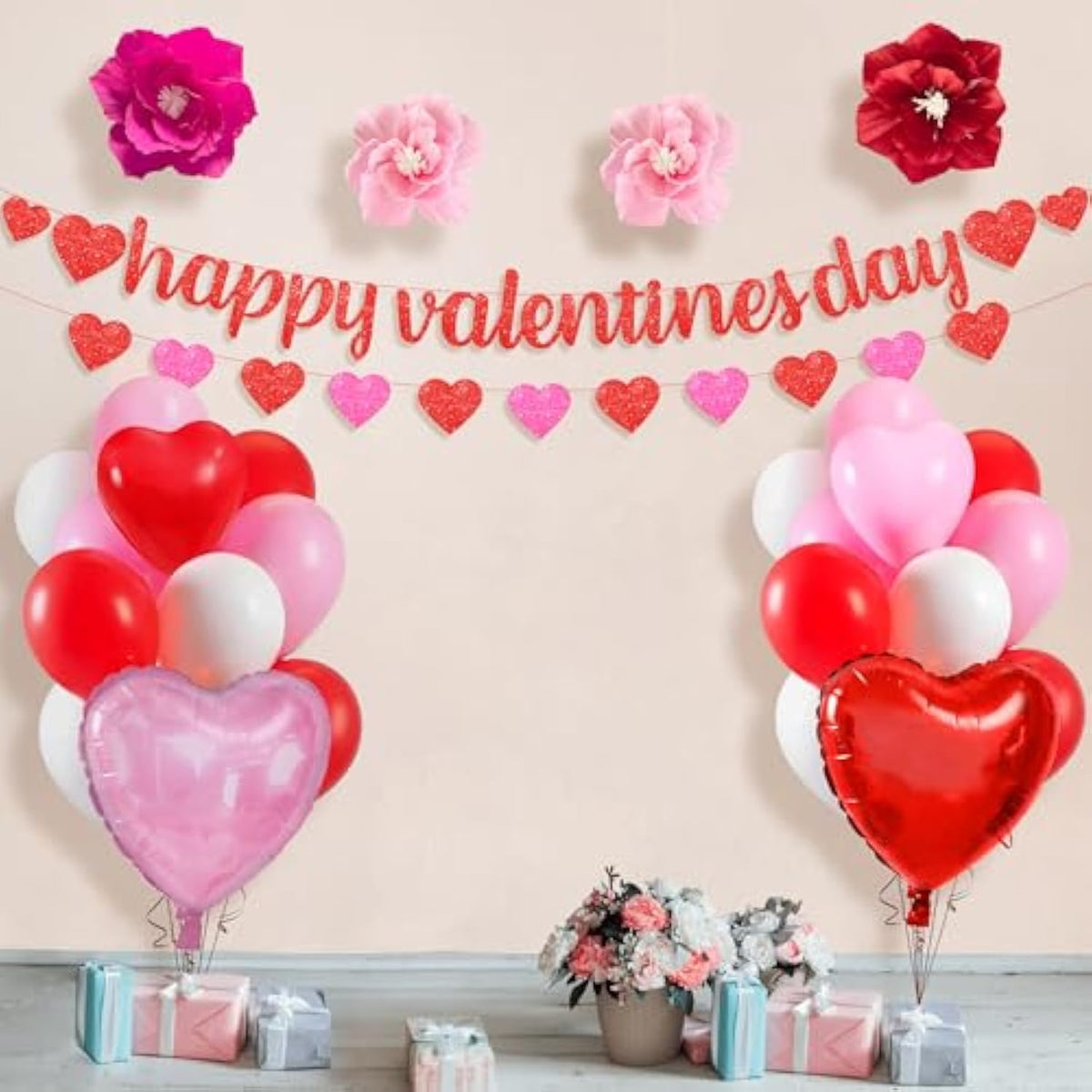 Valentines Day Decorations Set - Big, Pack Of 28 | Glitter Valentines Day Banner, 10 Feet | Heart Balloons, Heart Garland | Paper Flowers | Valentines Balloons For Valentines Decorations