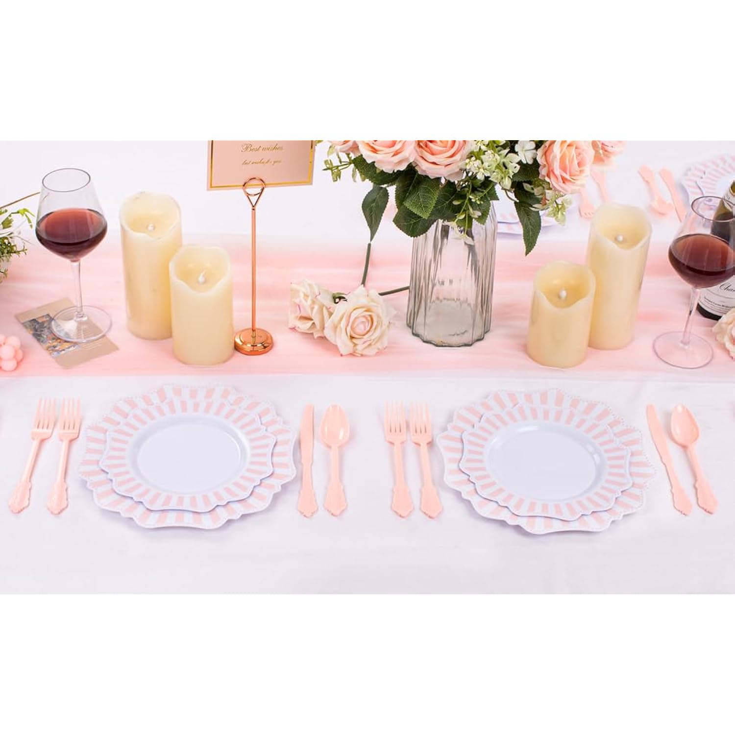 150Pcs Disposable Pink And White Stripped Plastic Plates And Silverware Set, Light Pink Dinner/Dessert Plates Silverware Serve 30Guests For Easter Day, Wedding Party And Daily Use.