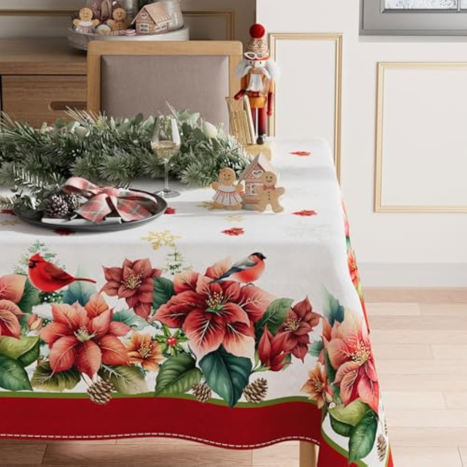 Poinsettia Cardinal Winter Tablecloth 60x84 Inch Washable Christmas Decor
