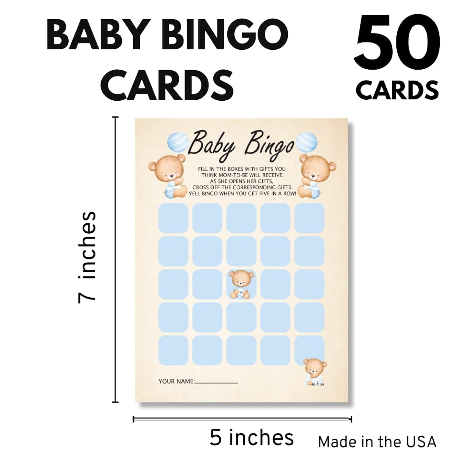 Baby Shower Bingo Cards - Infant Shower Games Boy, 50 Guest Keepsake Set, Baby Predictions, Large 5" X 7", Writable