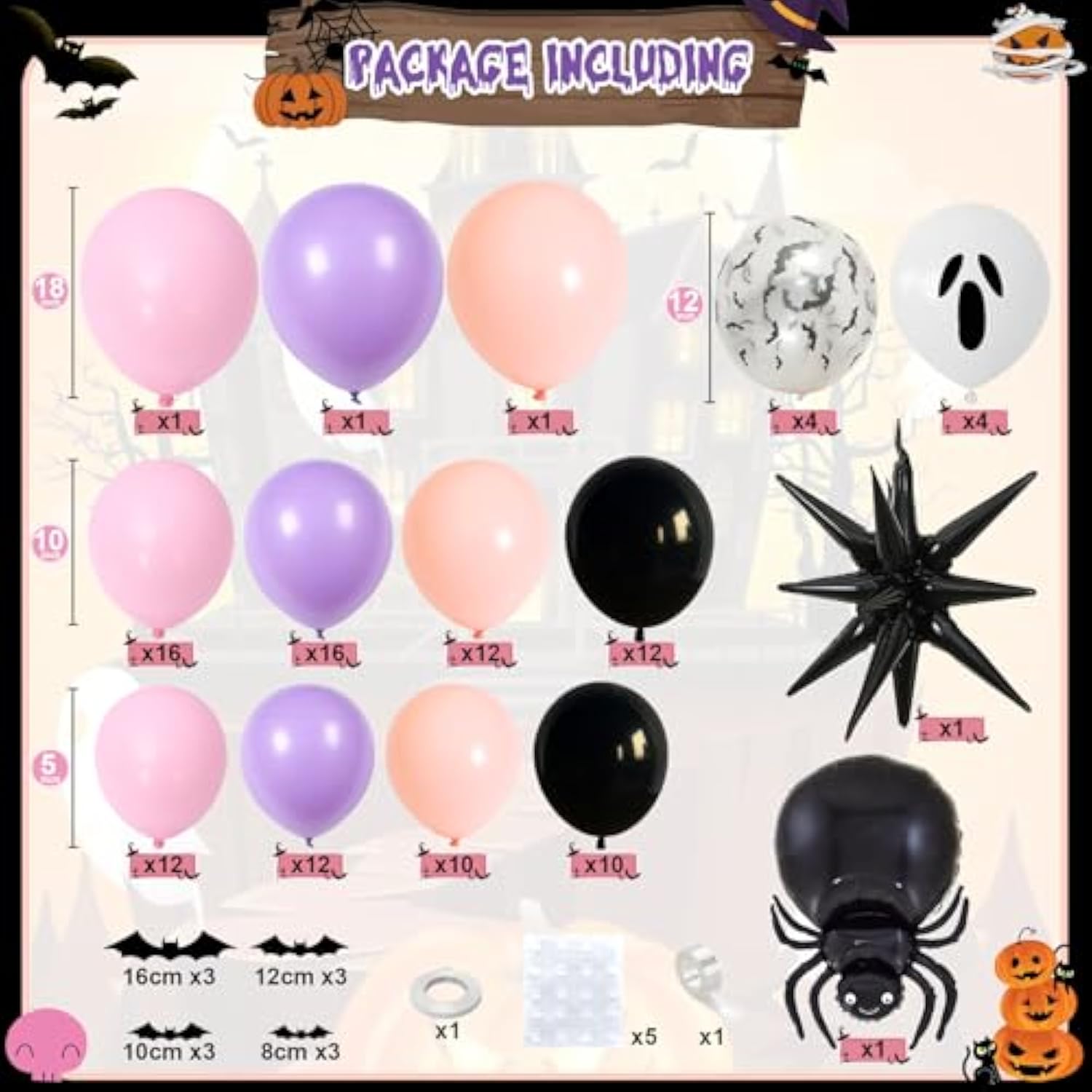 121Pc Halloween Balloon Arch Kit – Black Orange Pink Purple with Bat & Spider