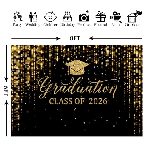 8x6ft Polyester Black Congrats Graduation Backdrop Class of 2026 Photography Background Gold Bachelor Cap Celebration Party Decorations Banner Picture Photo Booth