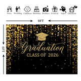 8x6ft Polyester Black Congrats Graduation Backdrop Class of 2026 Photography Background Gold Bachelor Cap Celebration Party Decorations Banner Picture Photo Booth
