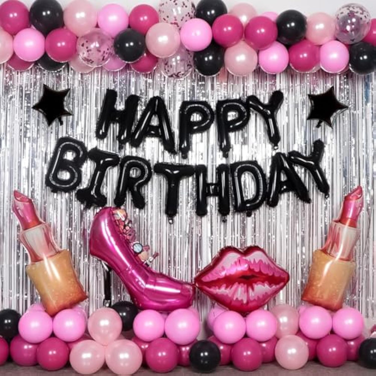 Pink And Black Birthday Decorations For Women Girls, Pink Happy Birthday Decorations Happy Birthday Banner Balloons Fringe Curtain Giant Foil Hot Pink Lipstick Balloons Bday Party Decor For Her