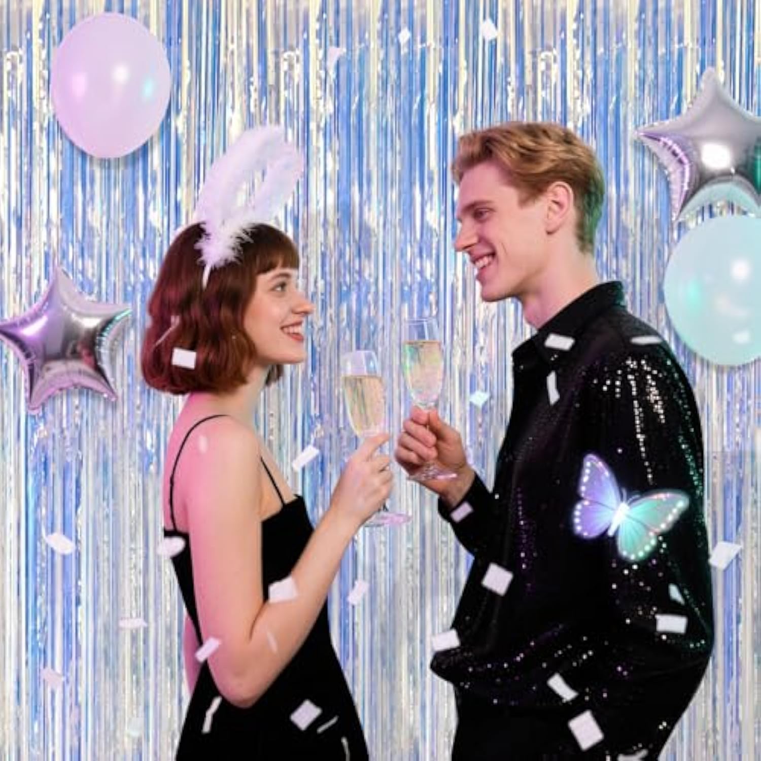 2-Pack Iridescent Foil Fringe Tinsel Curtains for Party and Photo Backdrop Decor