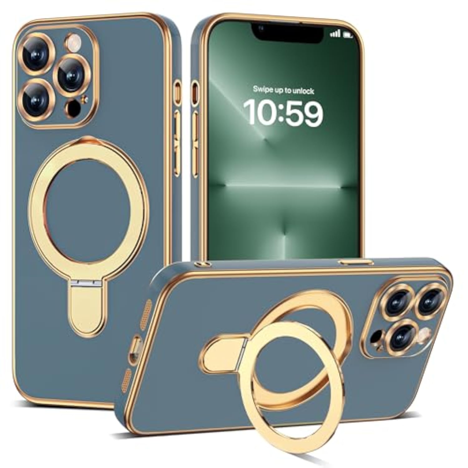 Grey Blue Plating Case for iPhone 13 Pro Max with Stand 6.7 inches