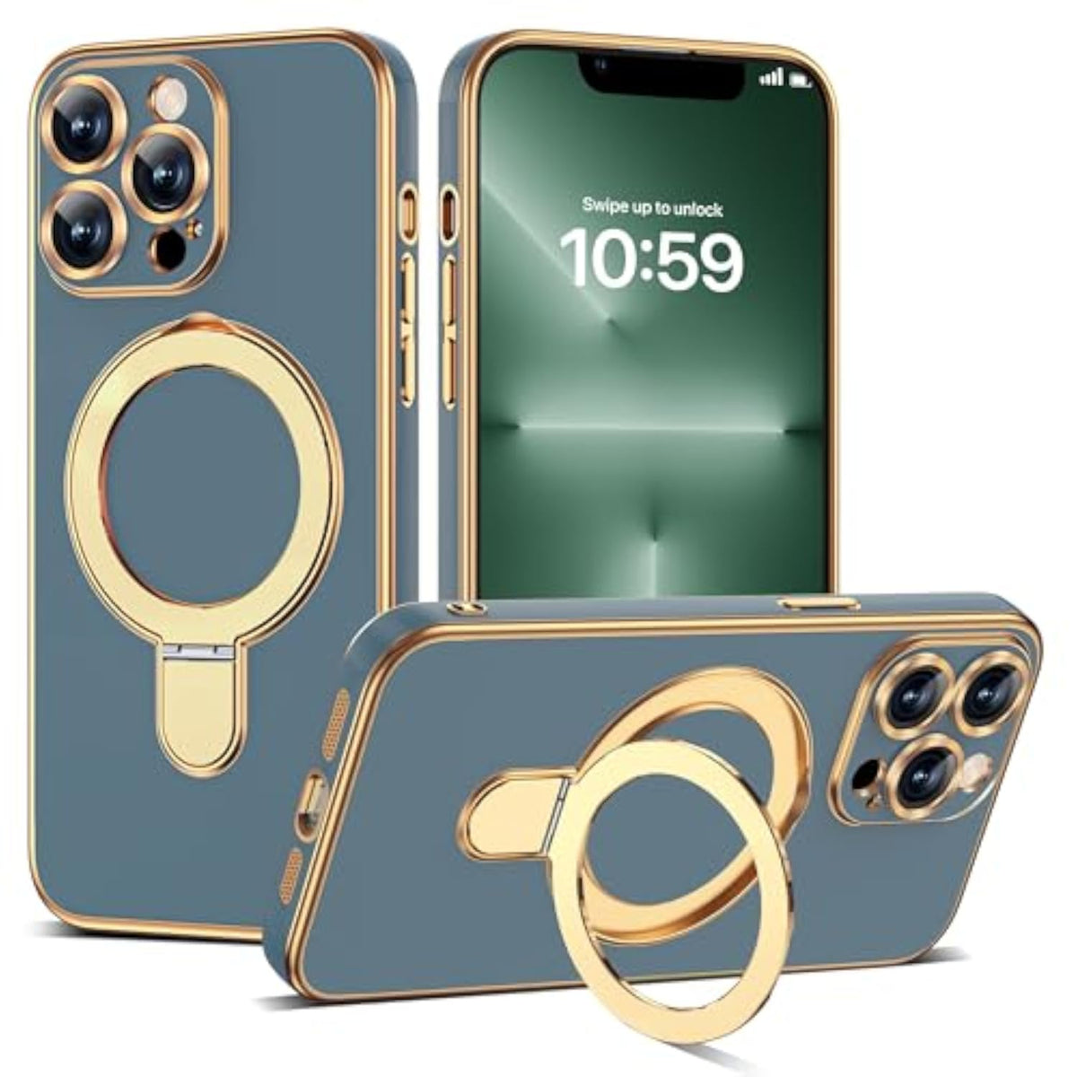 Grey Blue Plating Case for iPhone 13 Pro Max with Stand 6.7 inches
