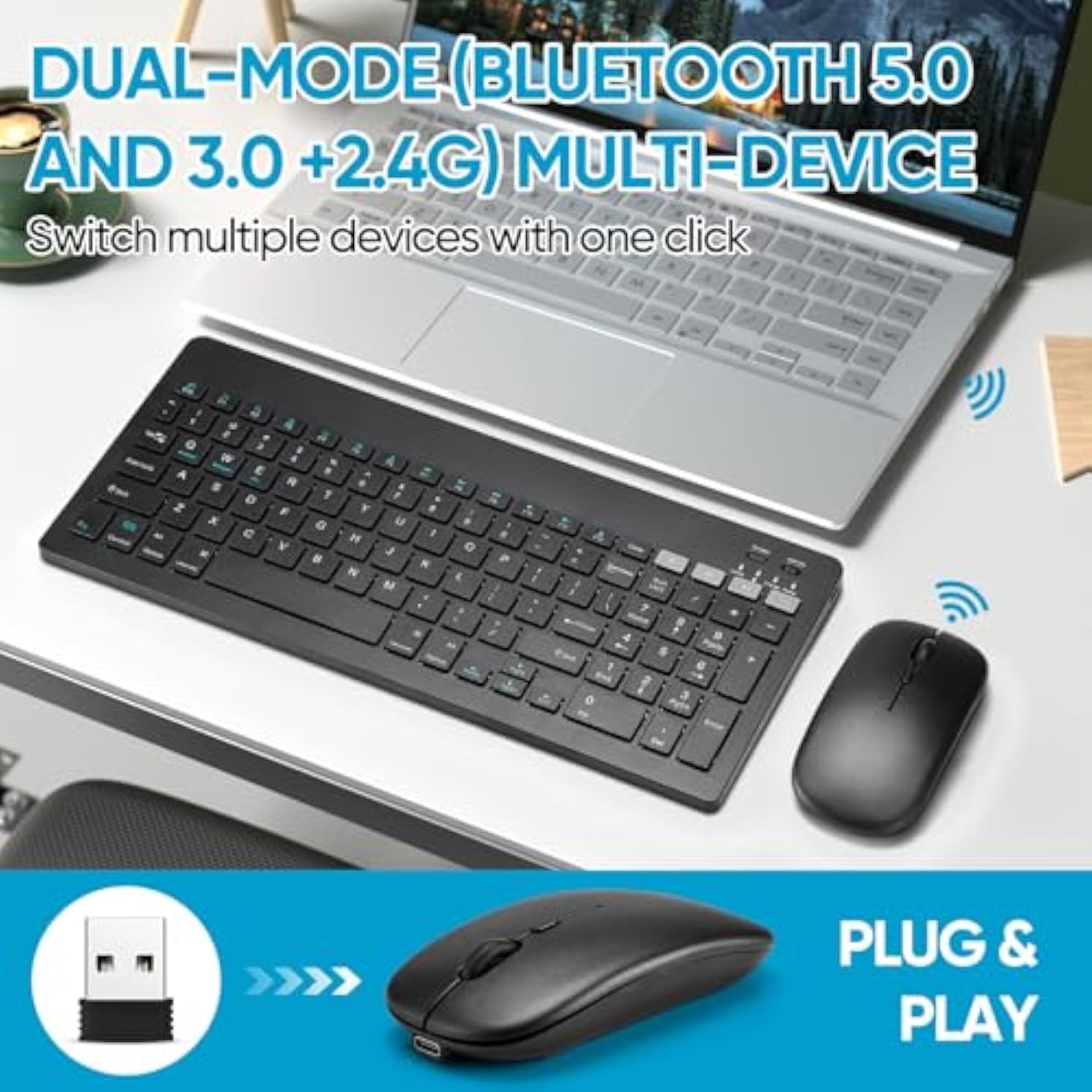 Bluetooth Keyboard And Mouse Combo Rechargeable Portable Wireless Keyboard Mouse Set For Apple Ipad Iphone Ios 13 And Above Samsung Tablet Phone Smartphone Android Windows (Black)