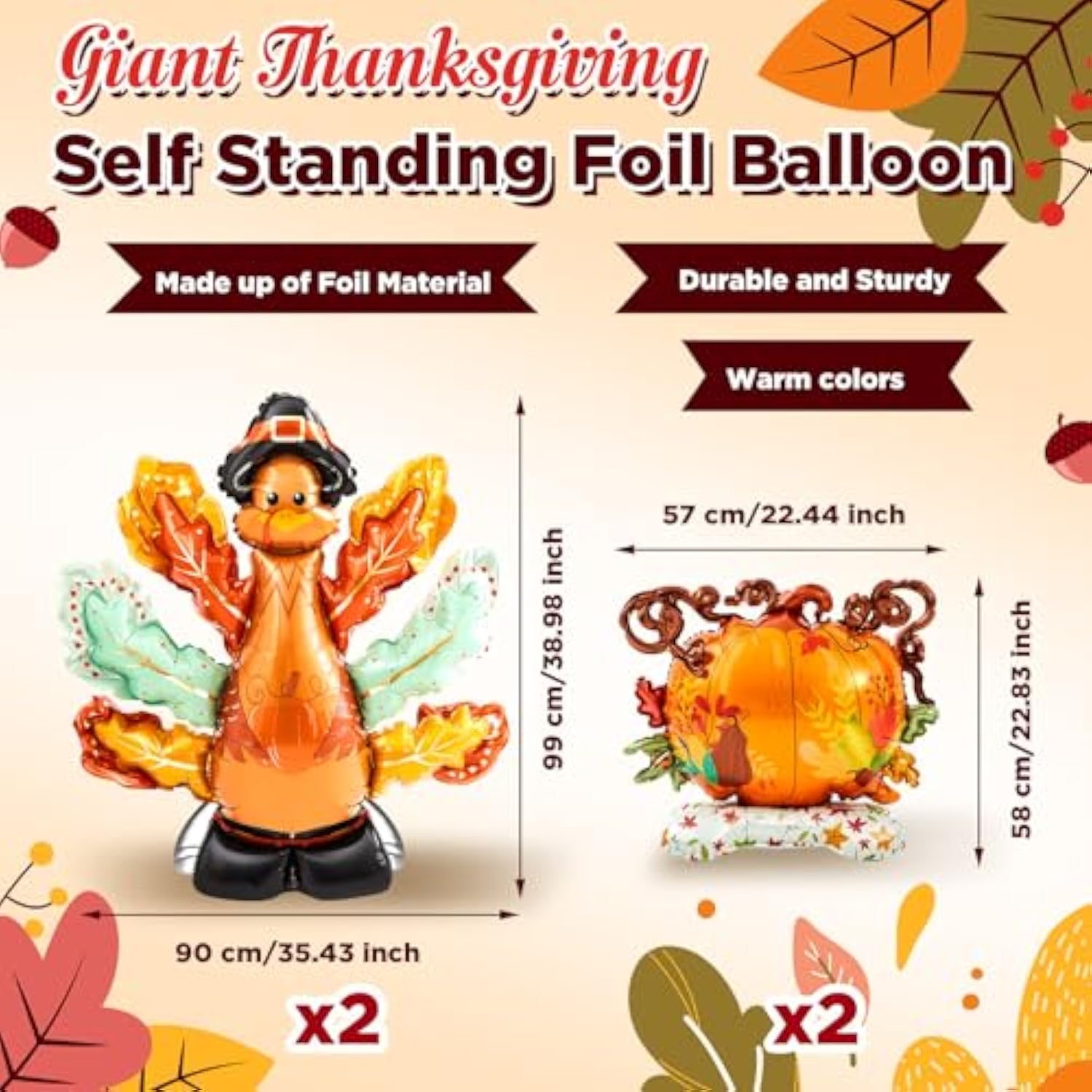 4pcs Giant Fall Thanksgiving Foil Balloons 3.25ft Turkey Pumpkin for Autumn Party Decor