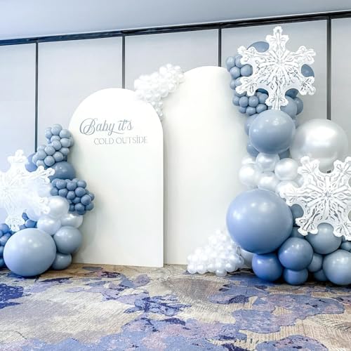 120PCS Winter Wonderland Balloon Arch Garland Kit, Dusty Baby Blue Slate Blue Silver White Snowflake Foil Balloons for Winter onederland Christmas Baby Shower Snow Princess Birthday Party Decorations
