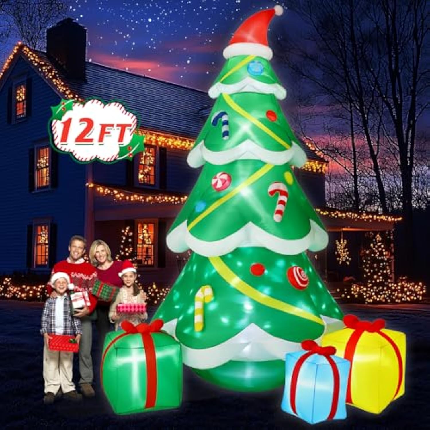 12Ft Giant Christmas Inflatables Outdoor Decorations - Large Blow Up Christmas Tree With Gift Boxes - Rotating Led Lights Inflatable Xmas Decor For Yard Lawn Garden Holiday Party