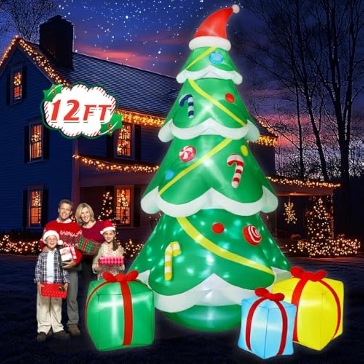 12Ft Giant Christmas Inflatables Outdoor Decorations - Large Blow Up Christmas Tree With Gift Boxes - Rotating Led Lights Inflatable Xmas Decor For Yard Lawn Garden Holiday Party
