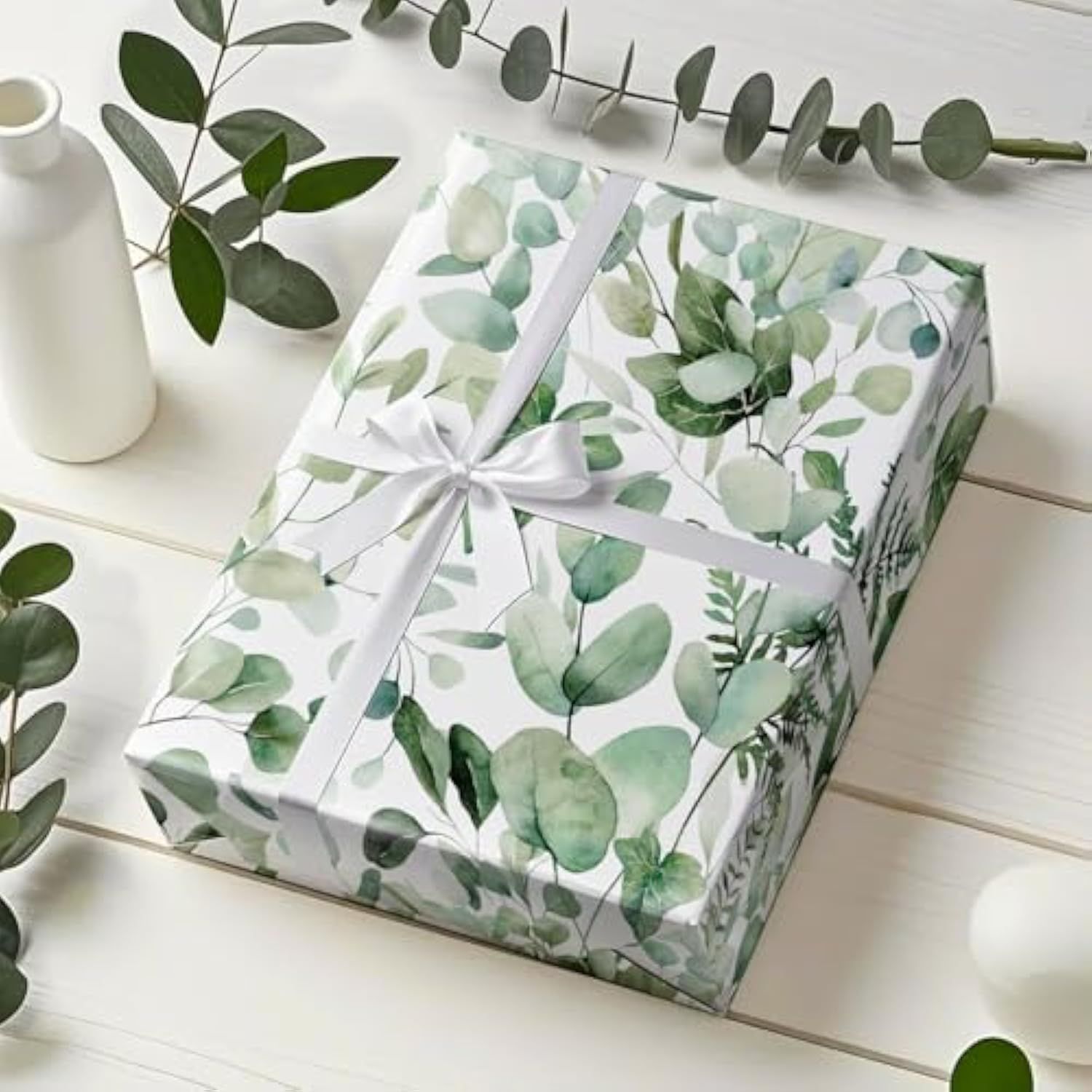 Eucalyptus Leaves Wrapping Paper Roll - Mini Roll - 17 Inch X 33 Feet - Greenery Wrapping Paper Perfect For Birthday, Wedding, Bridal Shower