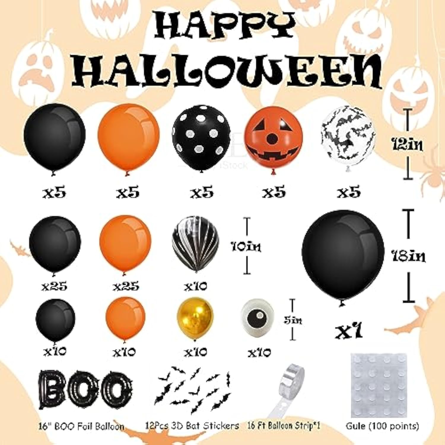 141Pcs Halloween Balloon Arch Kit - Black, Orange, Gold with BOO, Bats & Marble Balloons