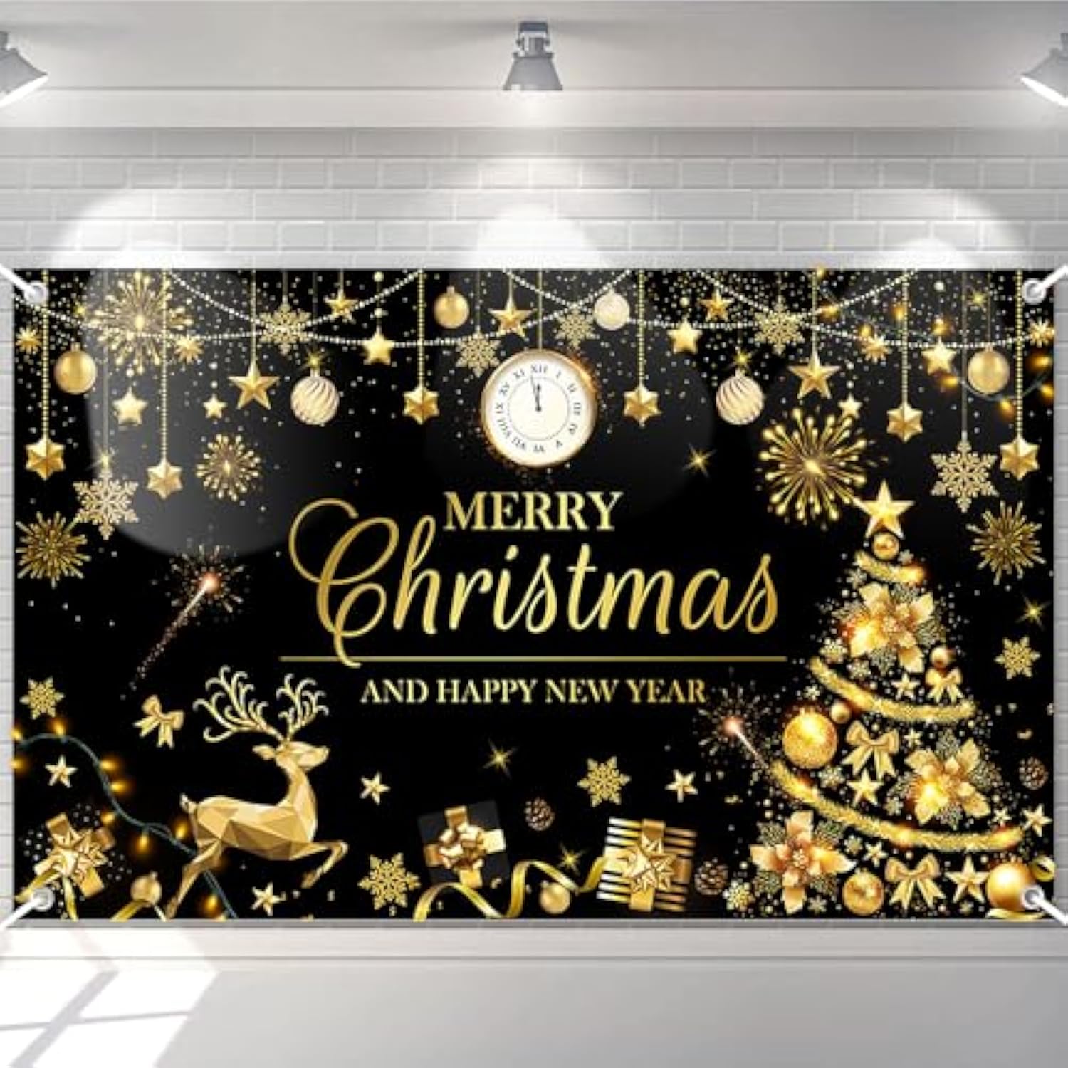 Merry Christmas Happy New Year Black and Gold Party Banner