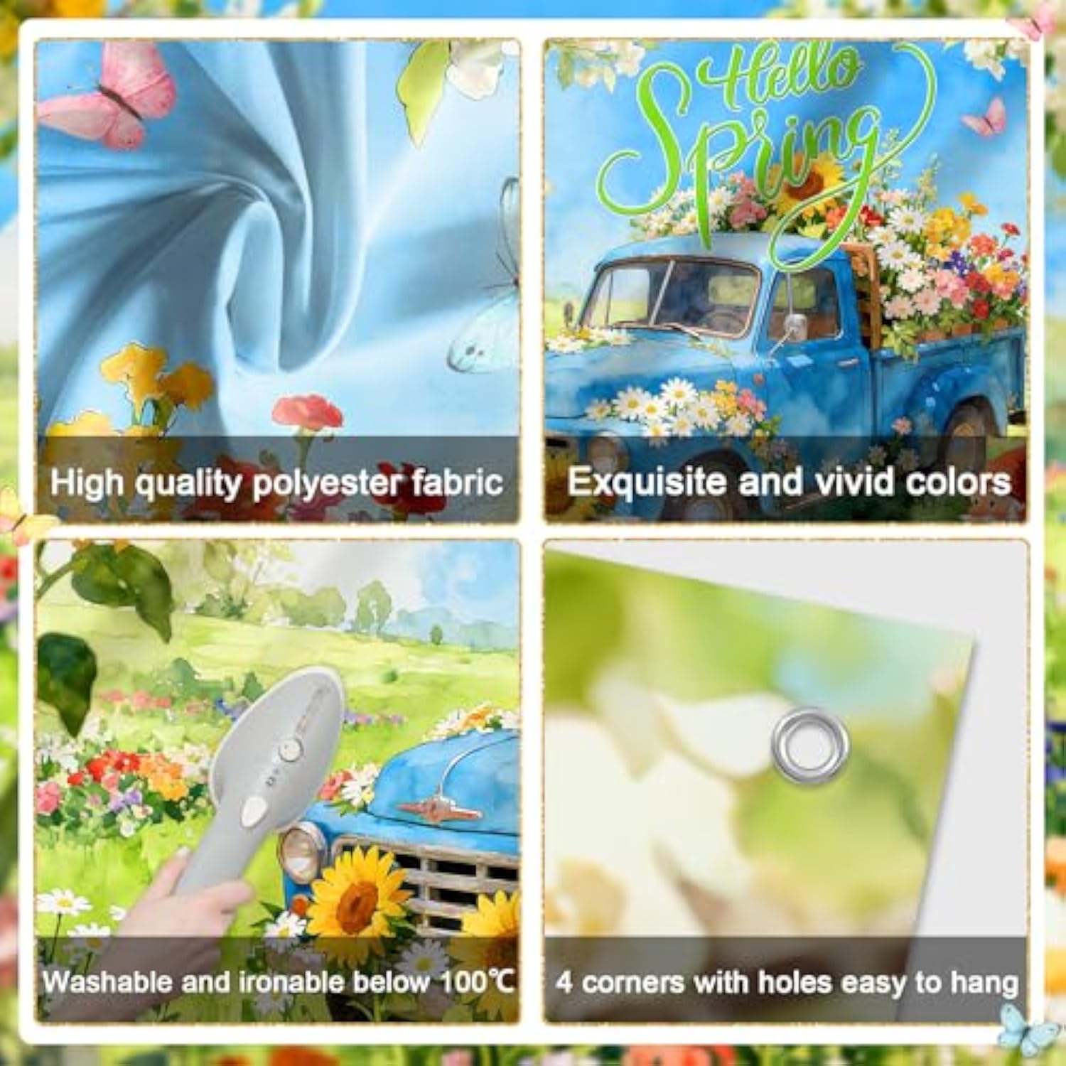 Hello Spring Banner Blue Truck Flowers Garden Elf Spring Background Party Decorations Indoor Outdoor Photo Booth Props (6X3.6Ft)