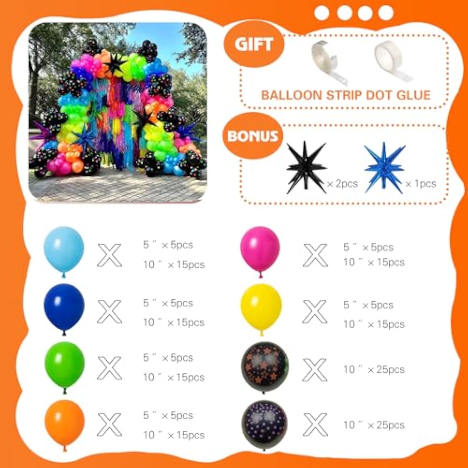 175Pcs Neon Balloons Arch Garland Kit, Glow In The Dark Balloons (Rainbow Star Dot) For Back To 80S 90S Disco Birthday Party Decorations, Fiesta, Let'S Glow Party, Rock Roll Party Supplies